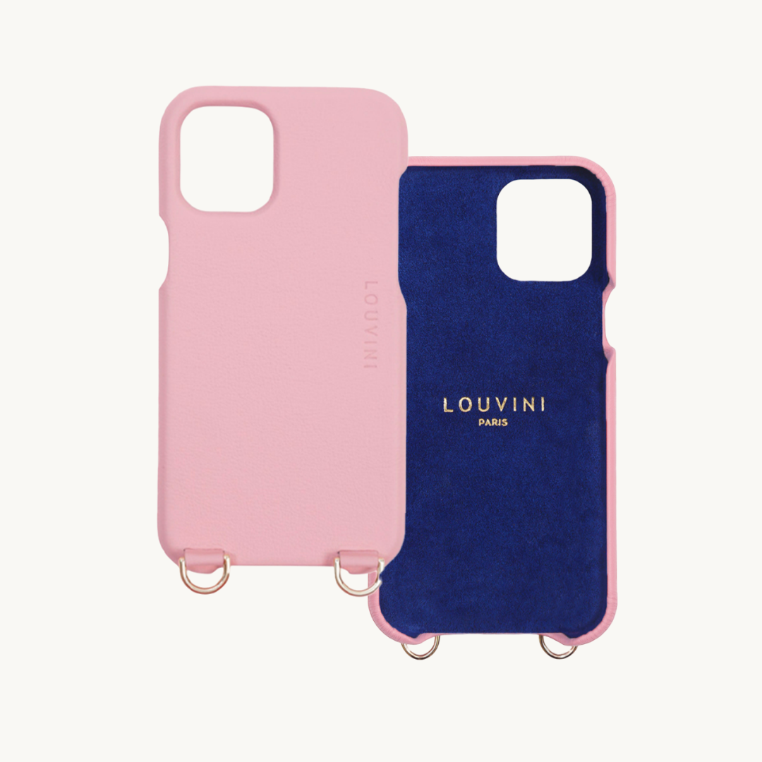 Coque pour iphone en cuir rose poudre avec anneaux