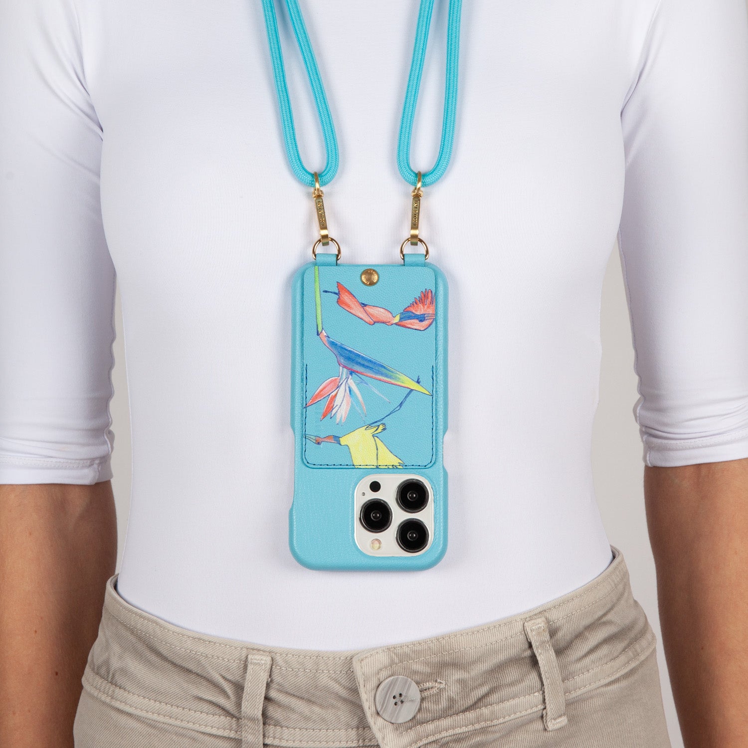 COQUE IPHONE CUIR PORTE CARTE AVEC ANNEAUX LOU x FILIPE JARDIM - TURQUOISE