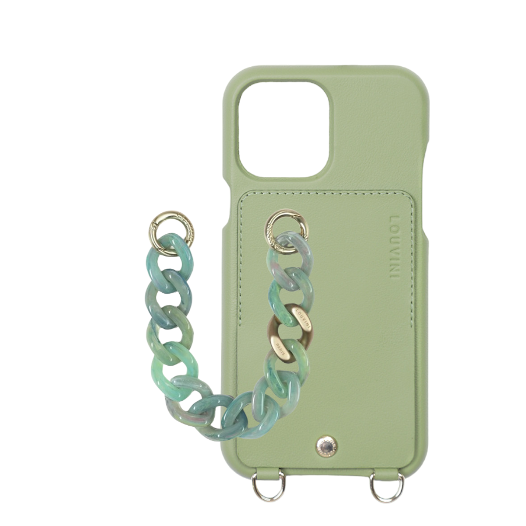 LOU Khaki Leather Case & PETIT ZOE Green-Jade Chain