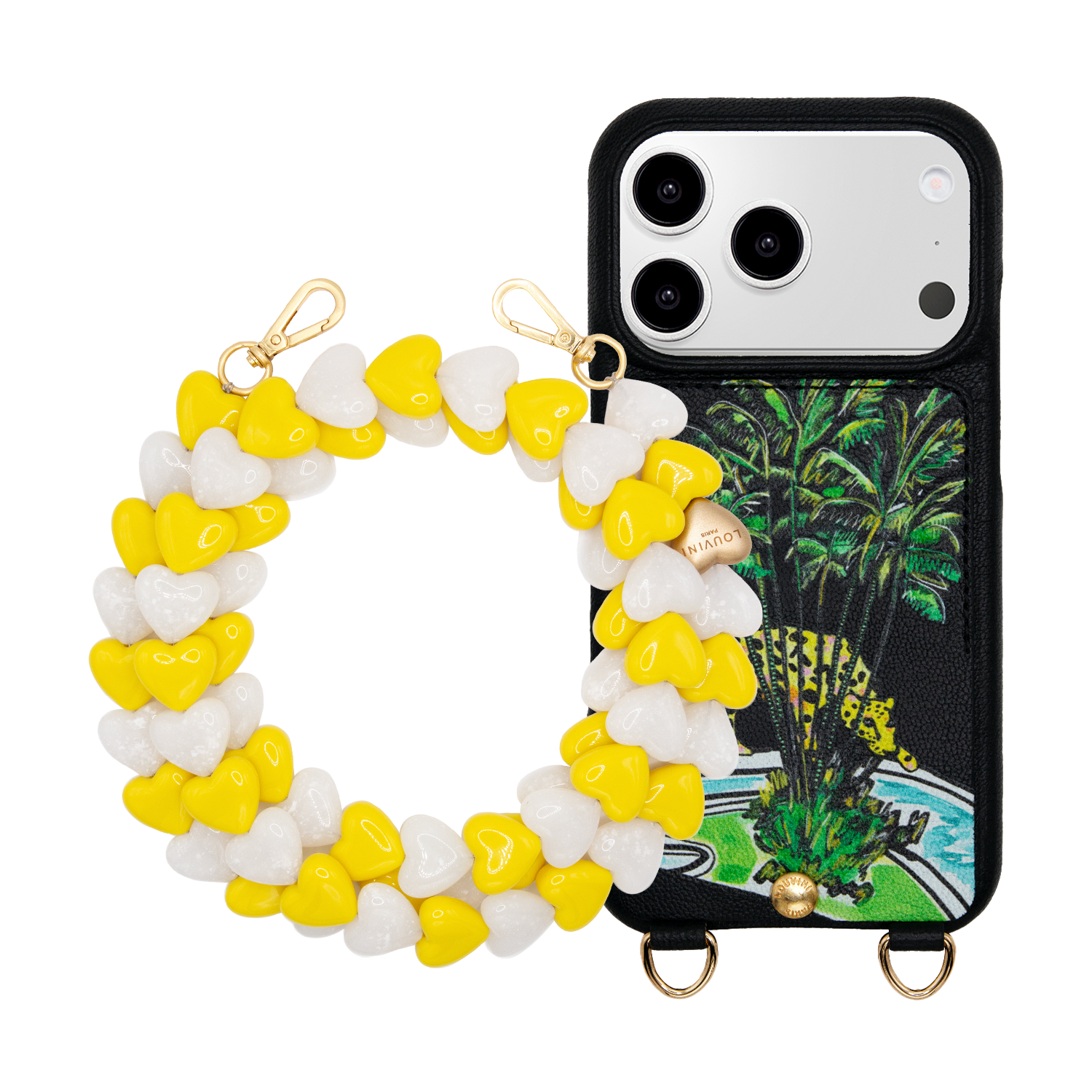 Coque iPhone LOU X Filipe Jardim Noir & Chaîne CUORE Jaune-Blanc