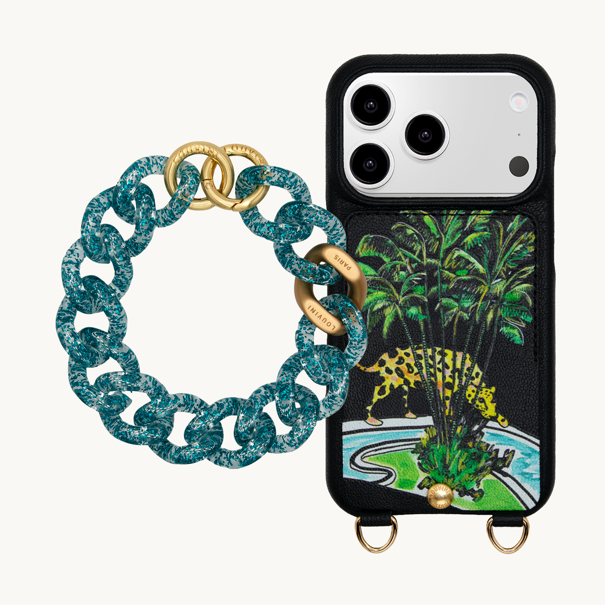 Coque iPhone LOU x FILIPE JARDIM Noir & Bracelet PETIT ZOE Bleu Pailleté