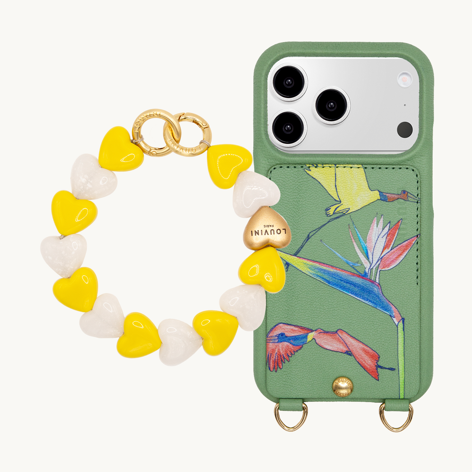 Coque iPhone LOU x FILIPE JARDIM Vert Clair & Bracelet PETIT CUORE Jaune-Blanc