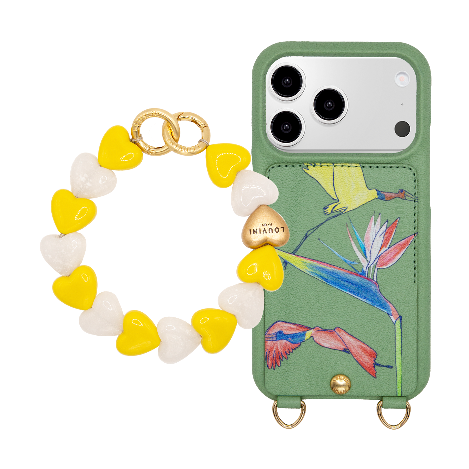 Coque iPhone LOU x FILIPE JARDIM Vert Clair & Bracelet PETIT CUORE Jaune-Blanc