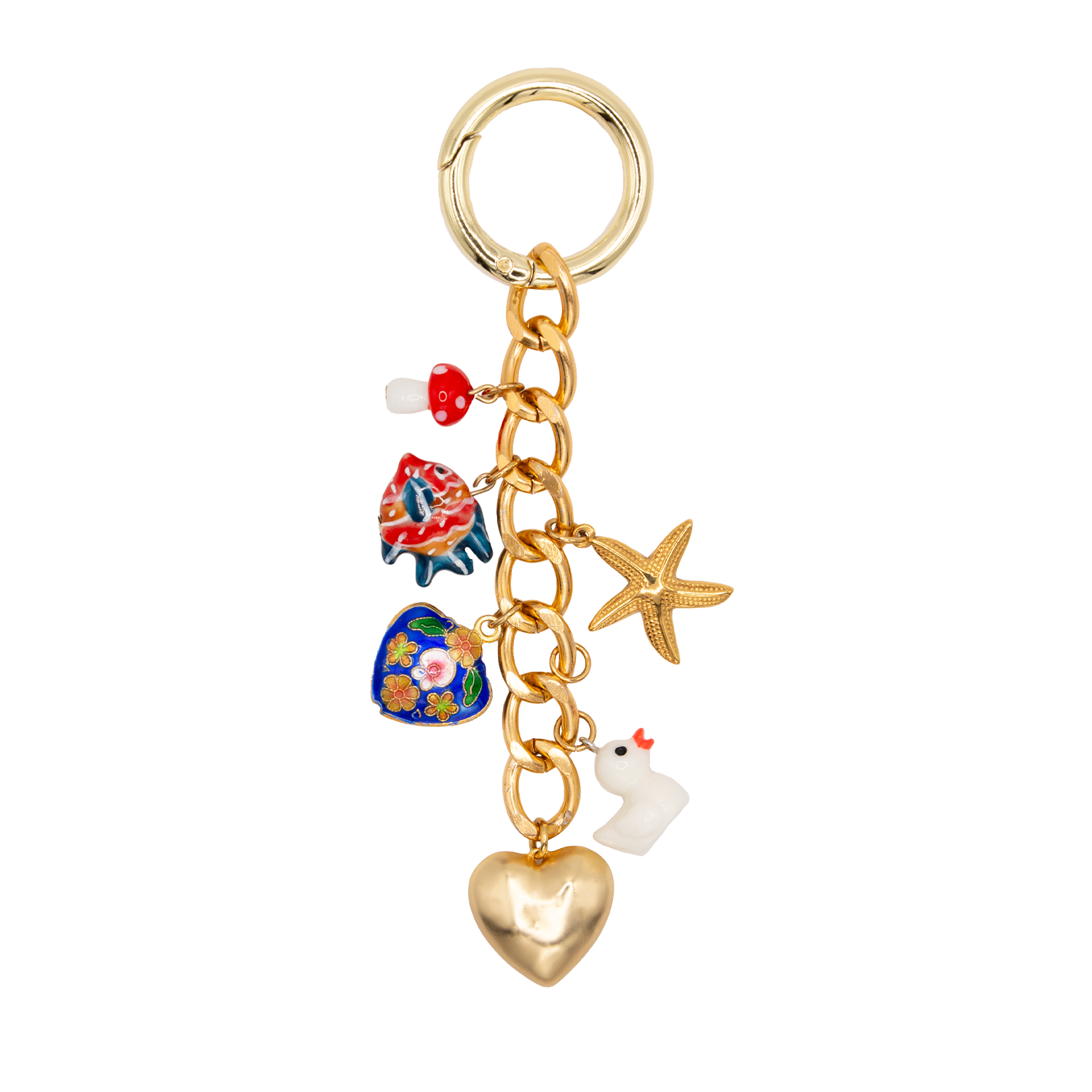 Grigri pour sac ou coque de téléphone avec une chaîne dorée orné de charms élégants