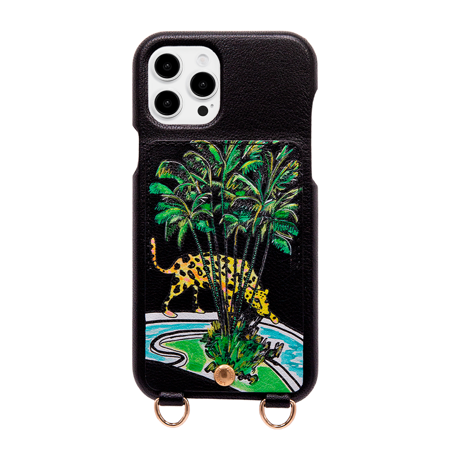 Coque iPhone cuir porte-carte avec anneaux LOU x FILIPE JARDIM - Noir