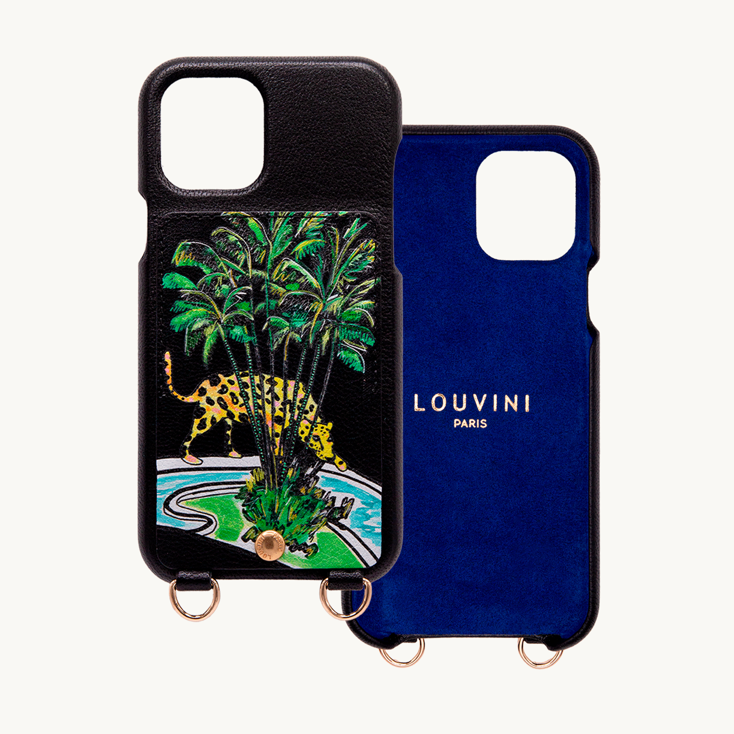 Coque iPhone cuir porte-carte avec anneaux LOU x FILIPE JARDIM - Noir