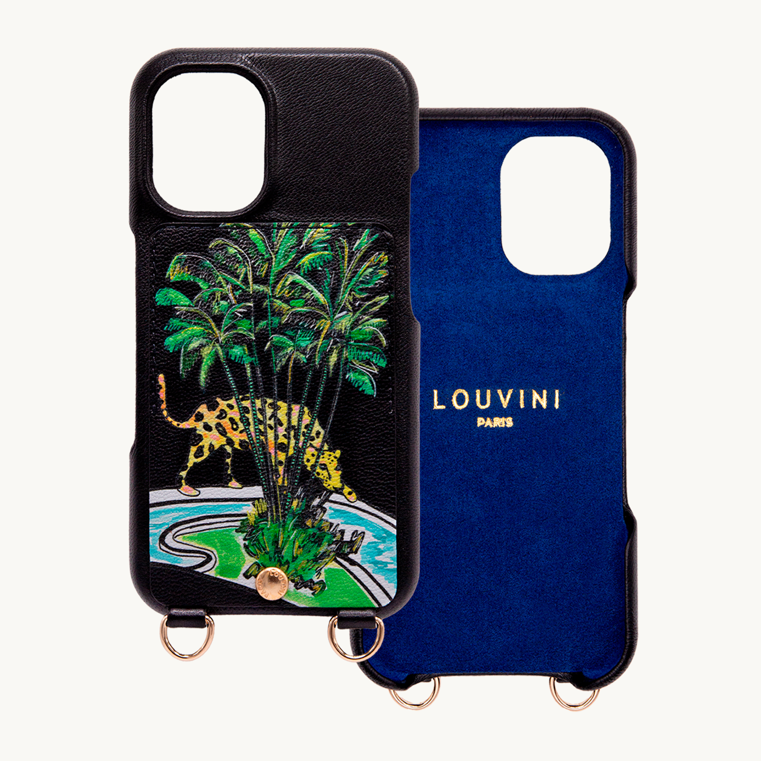 Coque iPhone cuir porte-carte avec anneaux LOU x FILIPE JARDIM - Noir