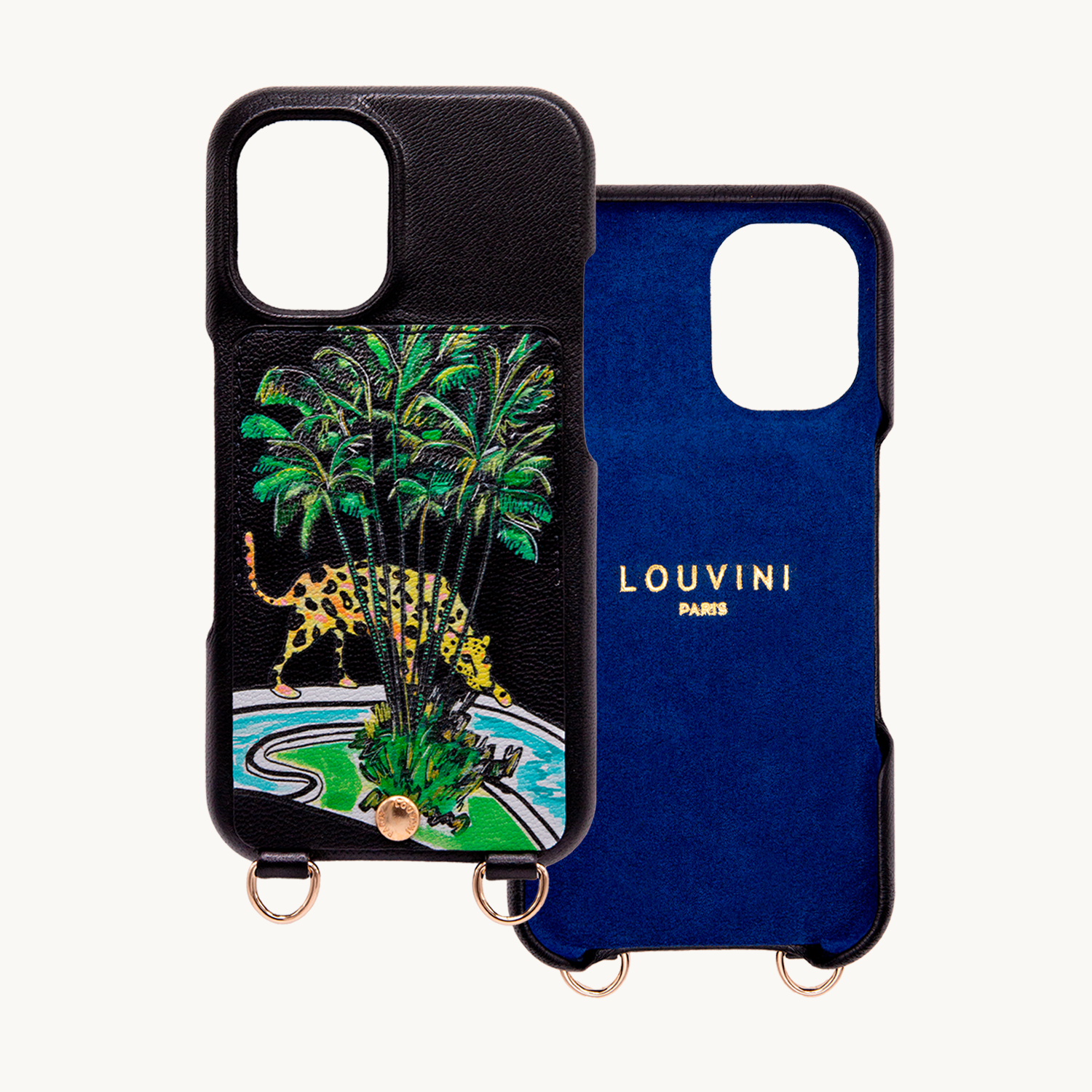 Coque iPhone cuir porte-carte avec anneaux LOU x FILIPE JARDIM - Noir