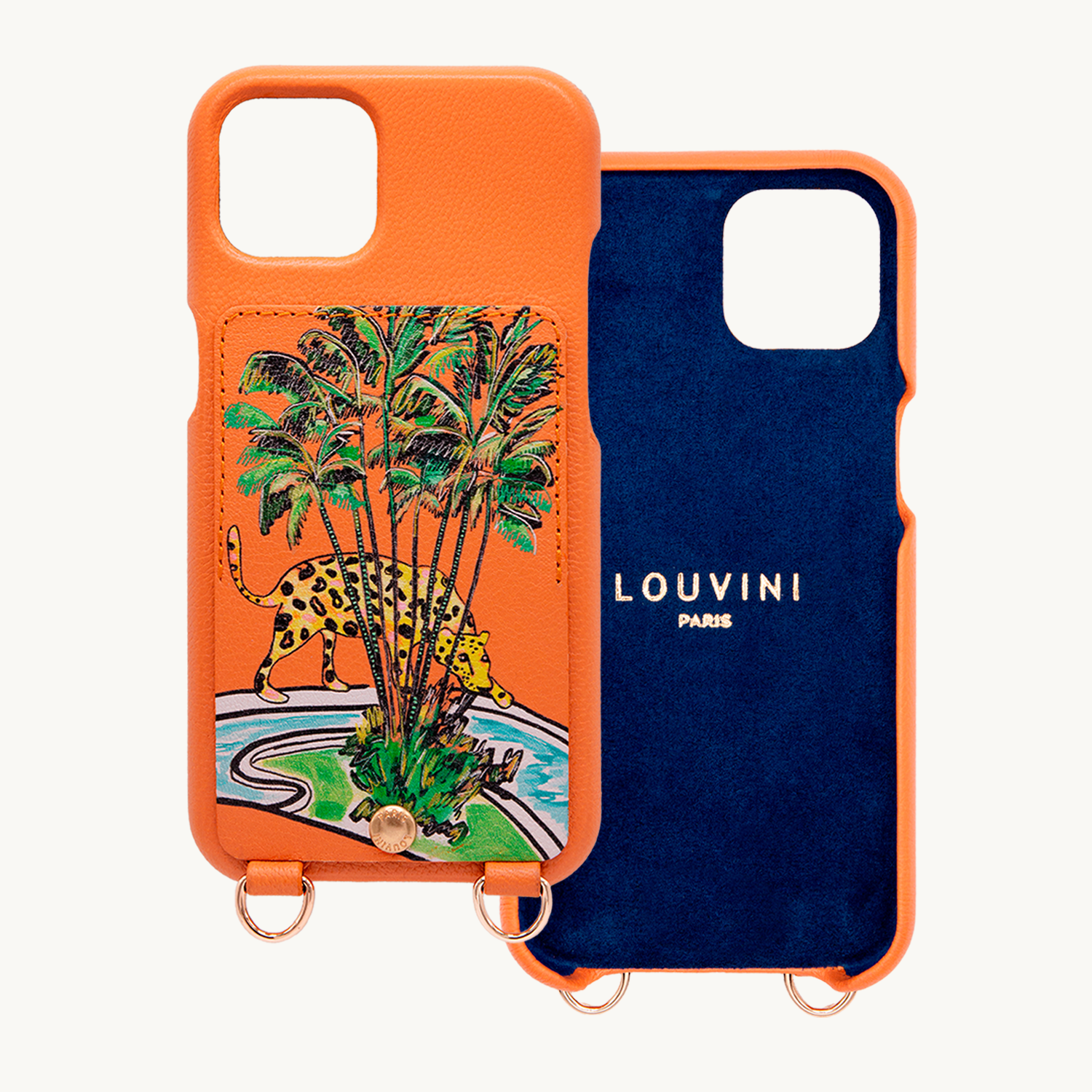 Coque iPhone cuir porte-carte avec anneaux LOU x FILIPE JARDIM - Orange