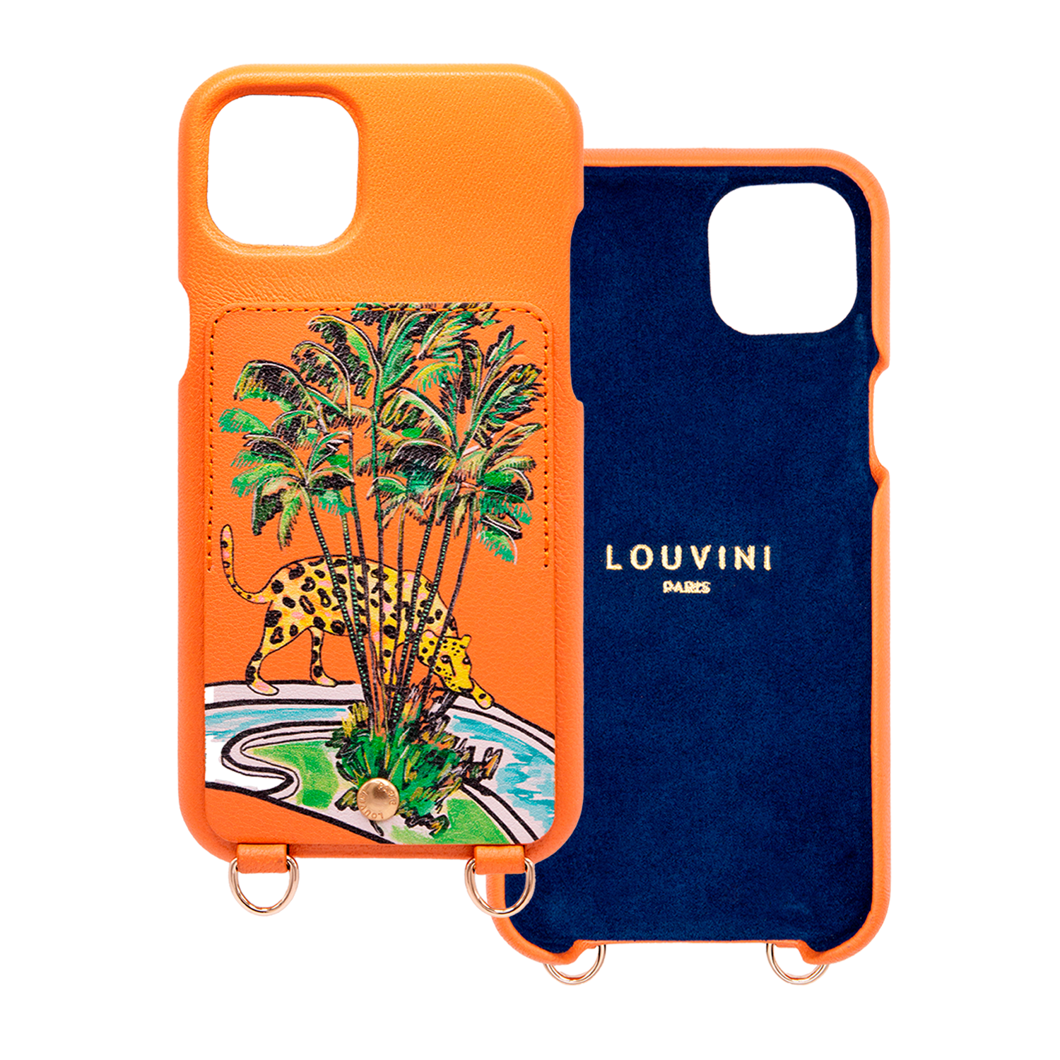 Coque iPhone cuir porte-carte avec anneaux LOU x FILIPE JARDIM - Orange