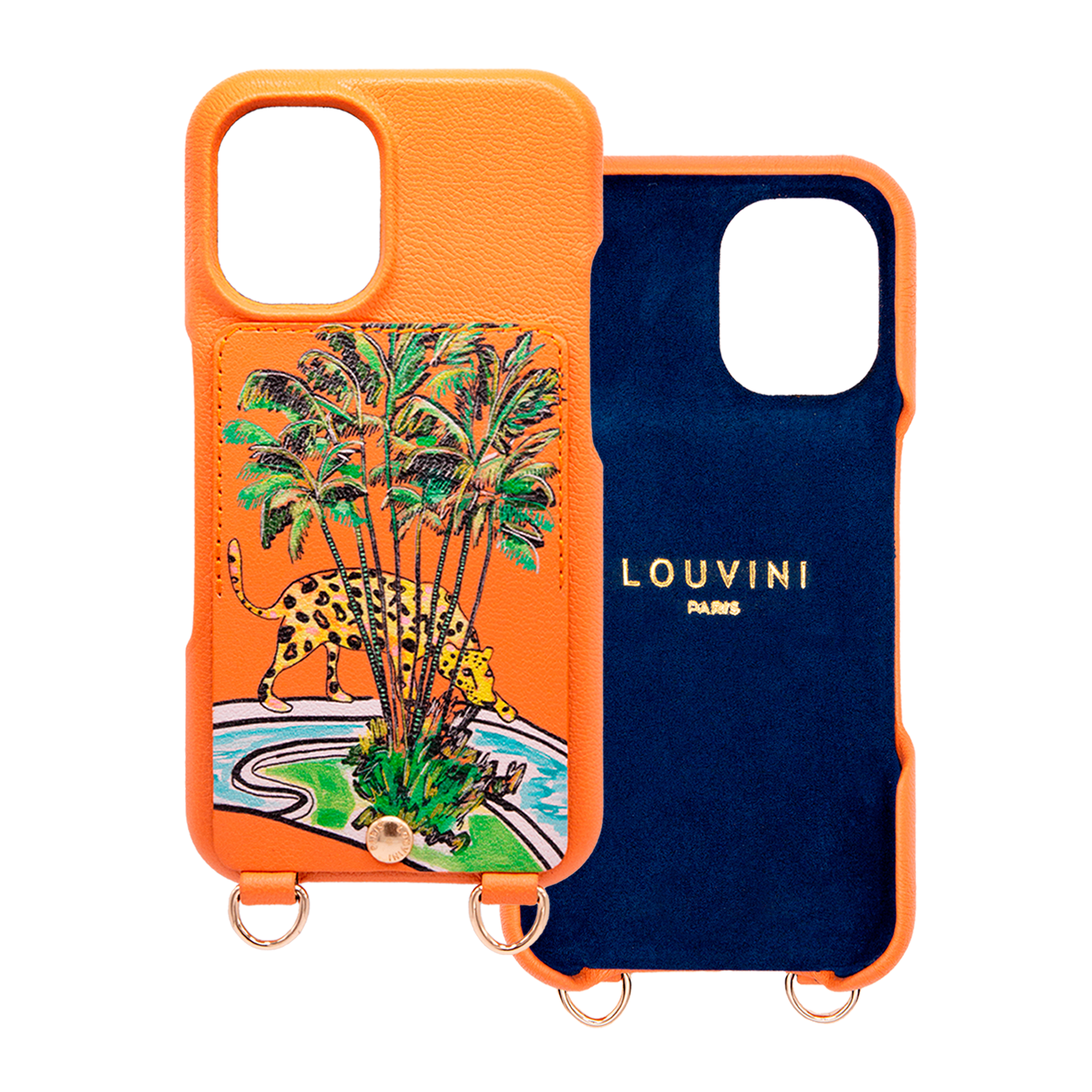 Coque iPhone cuir porte-carte avec anneaux LOU x FILIPE JARDIM - Orange