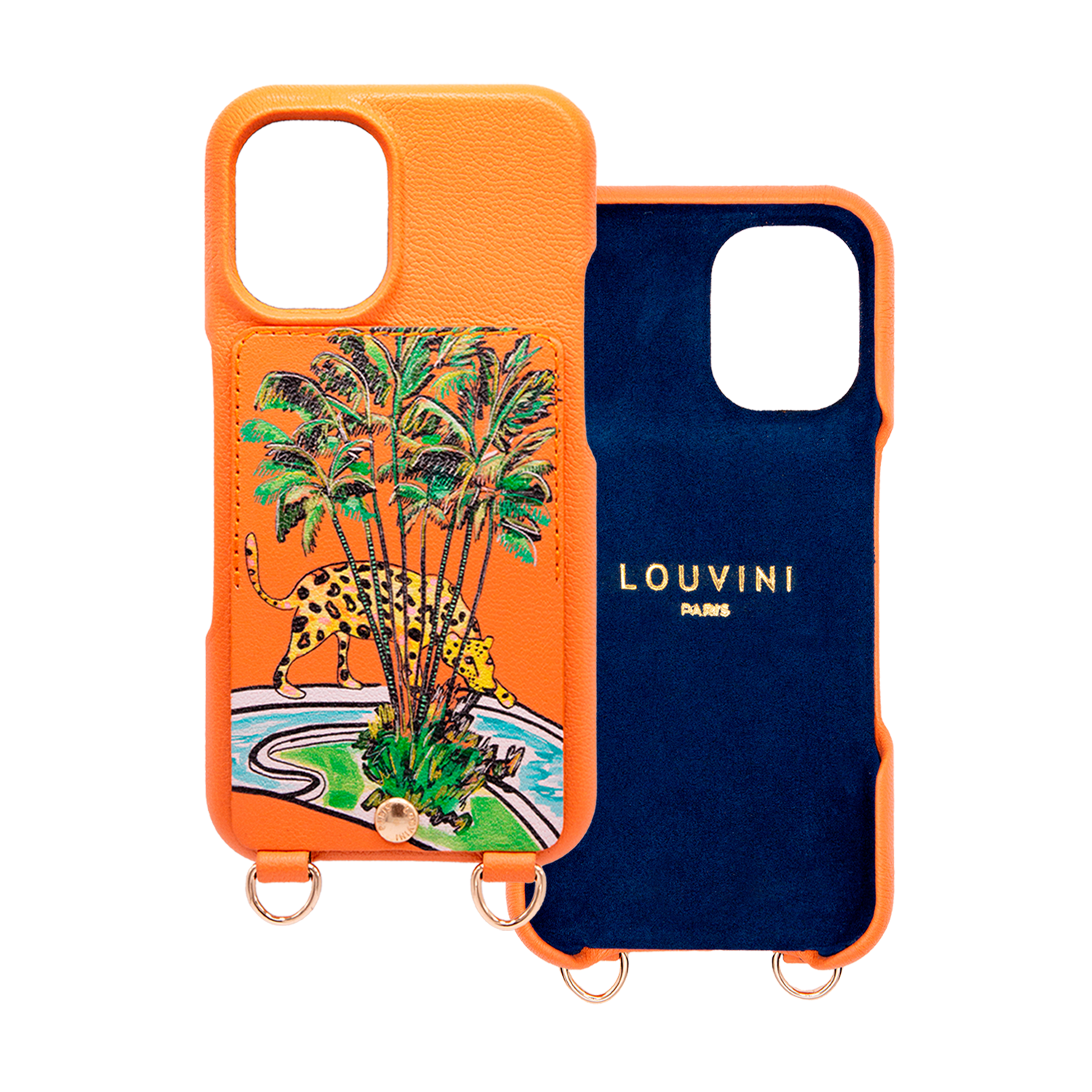 Coque iPhone cuir porte-carte avec anneaux LOU x FILIPE JARDIM - Orange