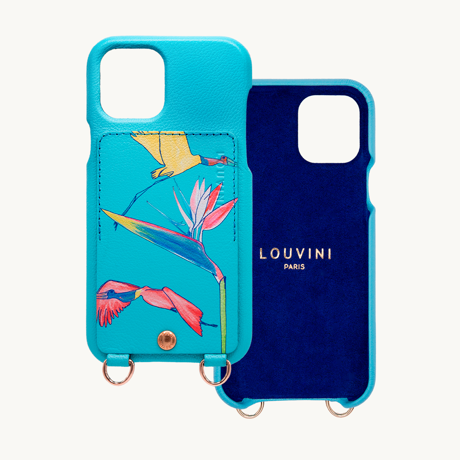 Coque iPhone cuir porte-carte avec anneaux LOU x FILIPE JARDIM - Turquoise