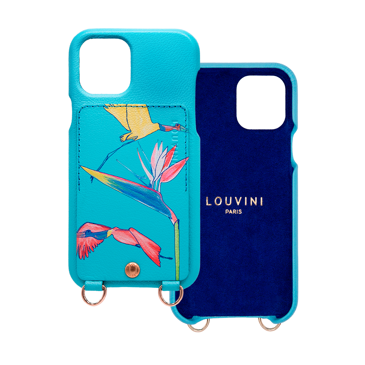 Coque iPhone cuir porte-carte avec anneaux LOU x FILIPE JARDIM - Turquoise
