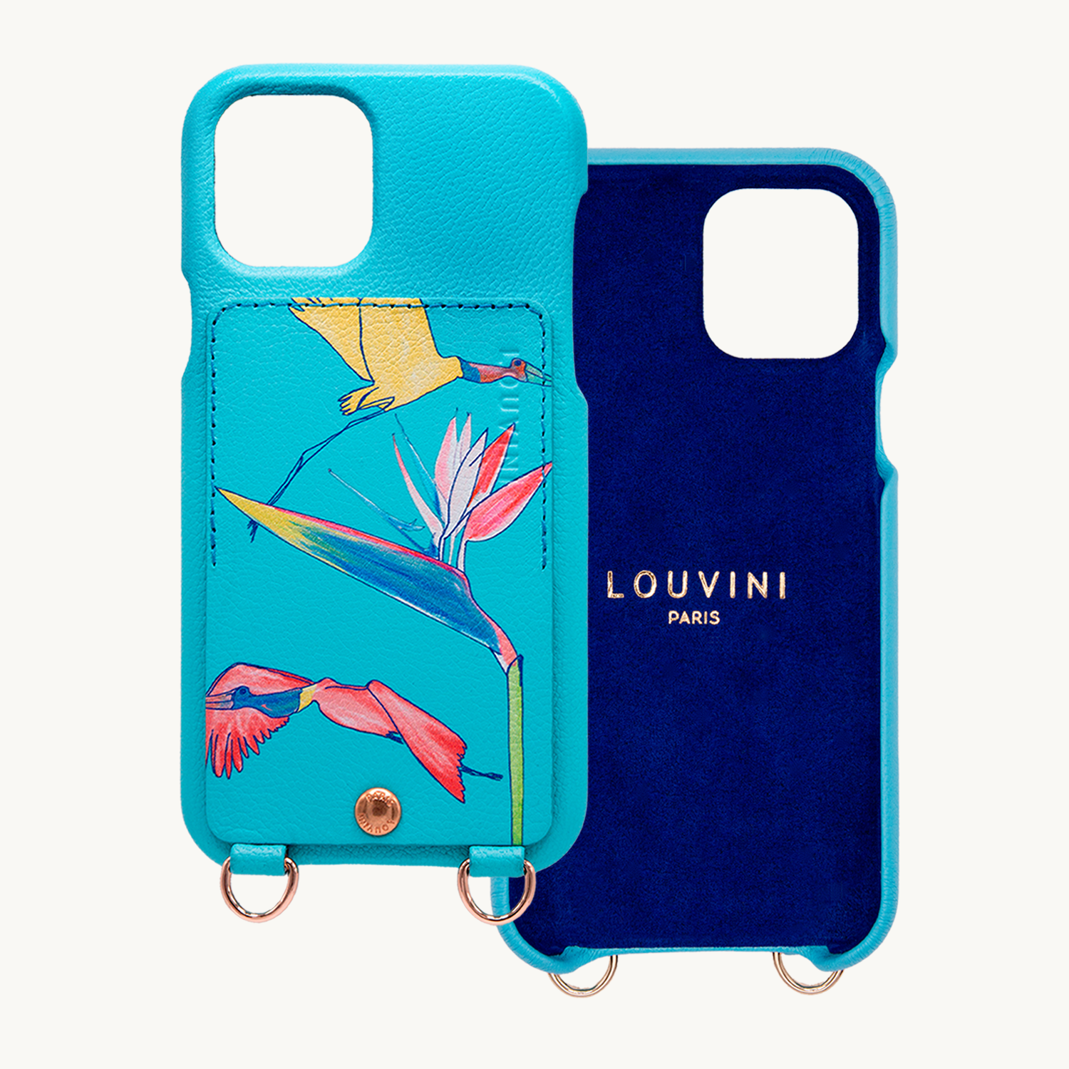 Coque iPhone cuir porte-carte avec anneaux LOU x FILIPE JARDIM - Turquoise