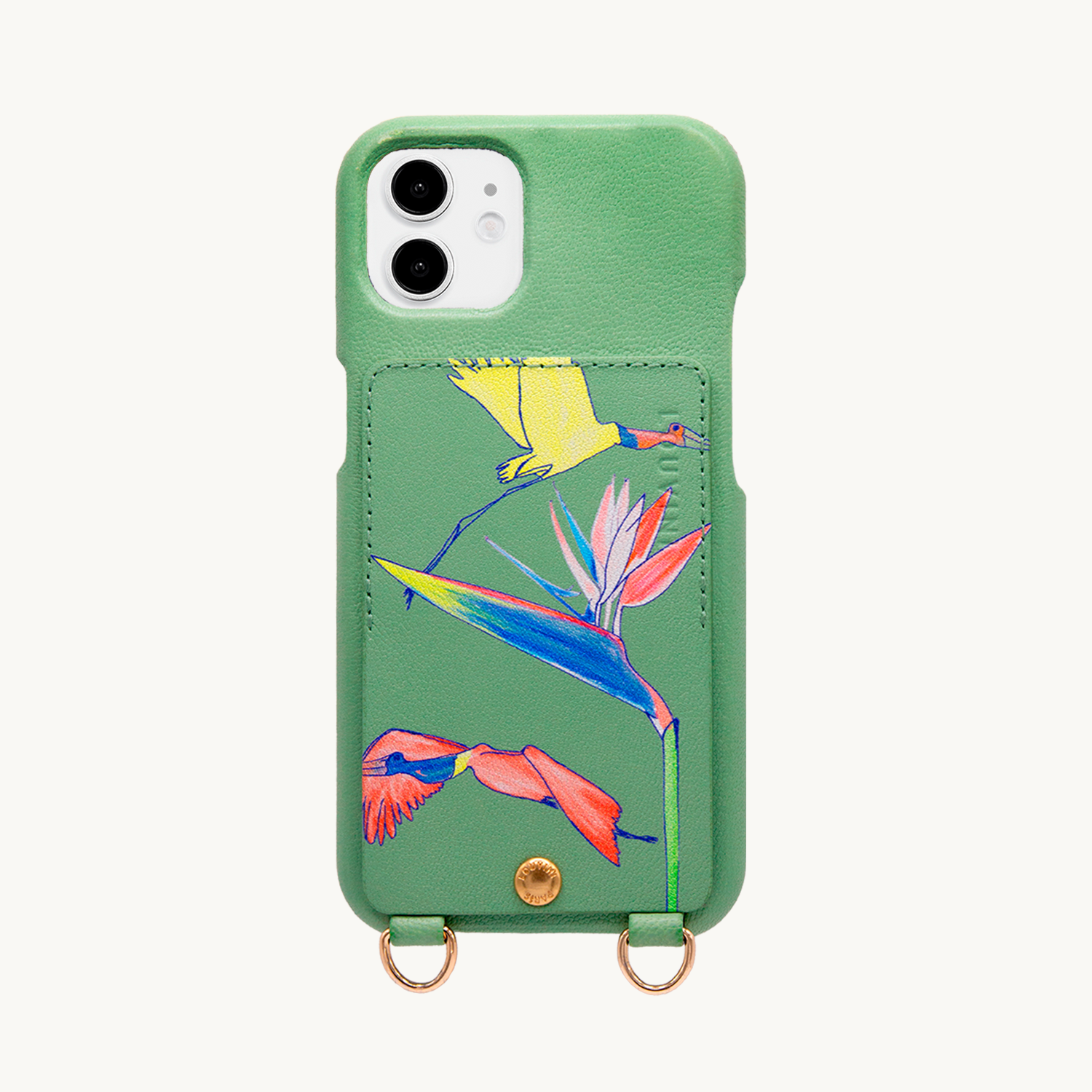 Coque iPhone cuir porte-carte avec anneaux LOU x FILIPE JARDIM - Vert clair