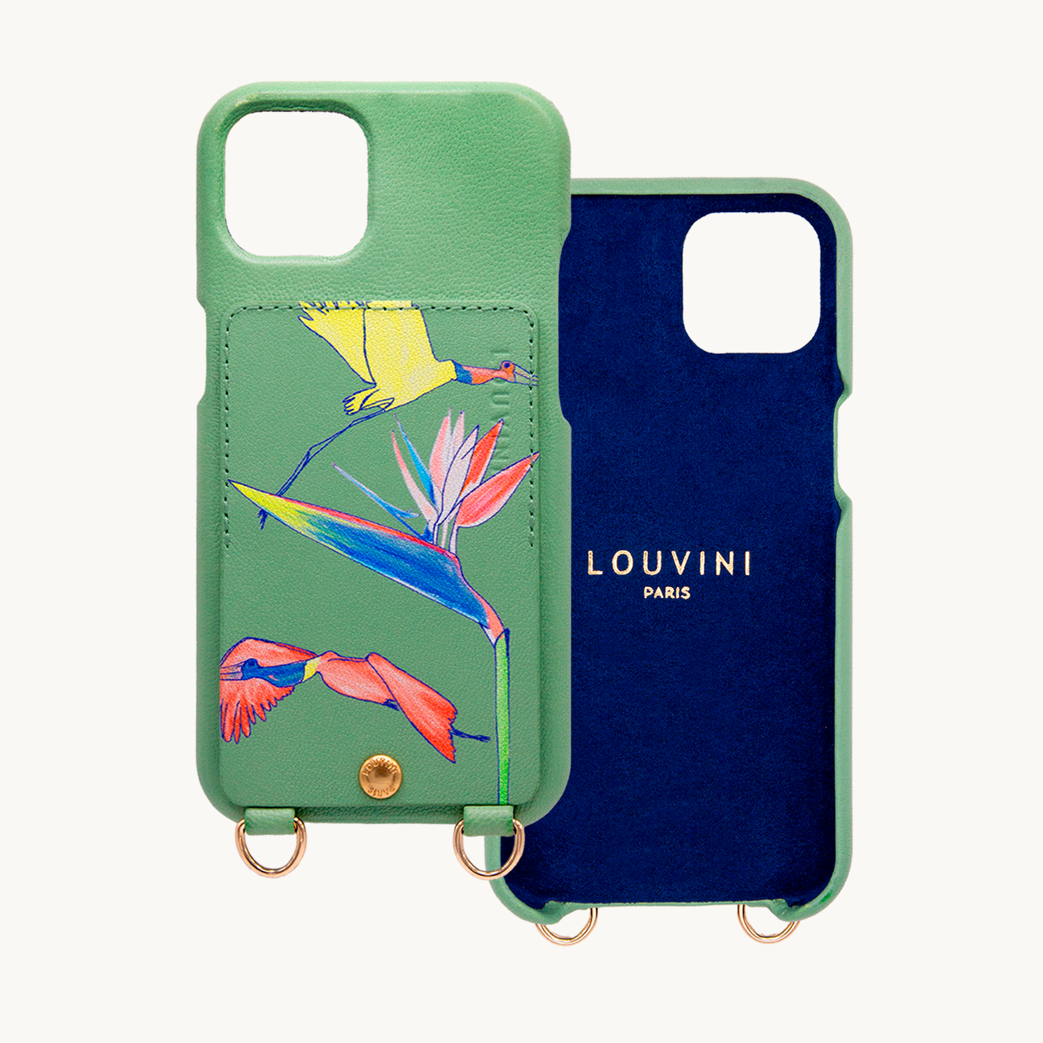 Coque iPhone cuir porte-carte avec anneaux LOU x FILIPE JARDIM - Vert clair