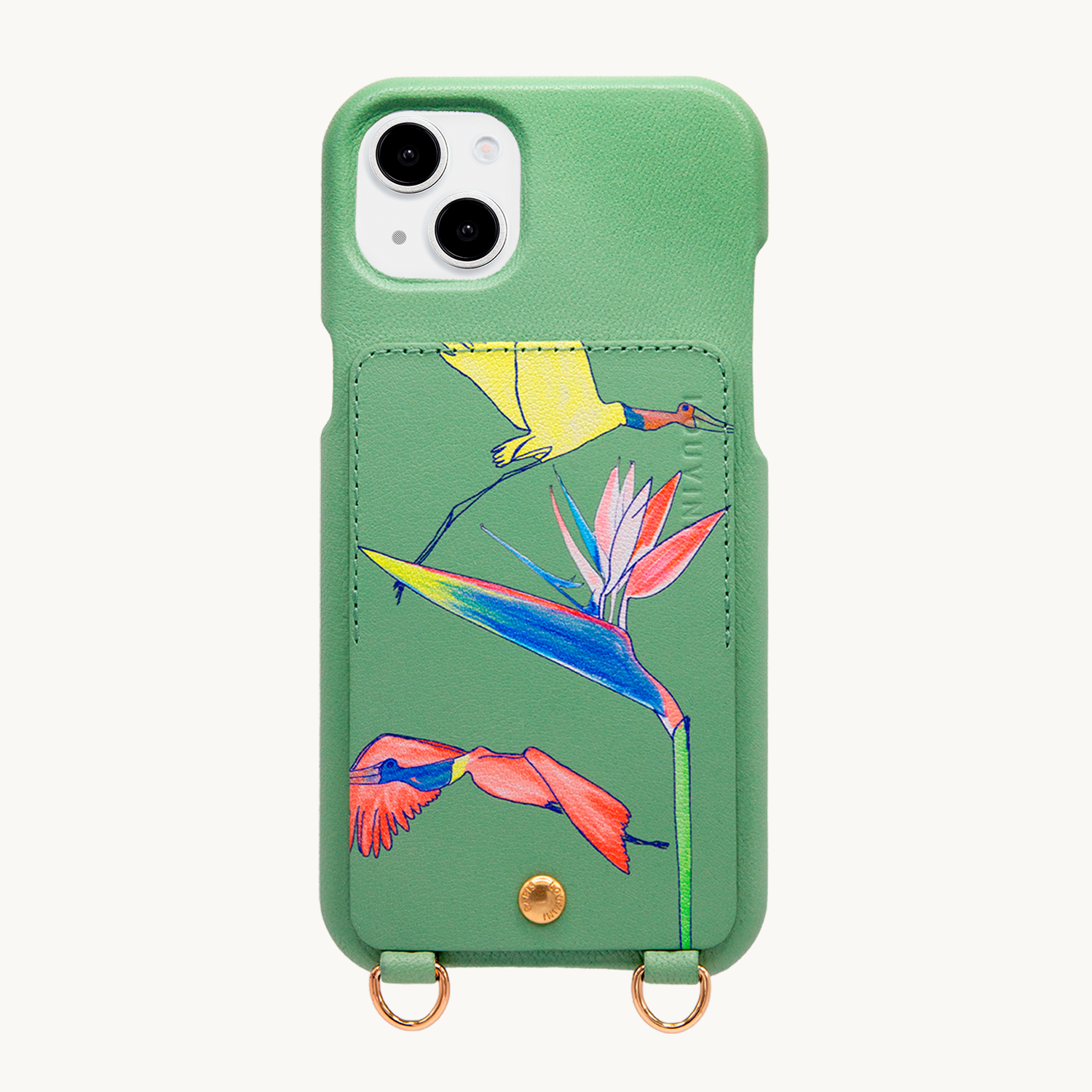Coque iPhone cuir porte-carte avec anneaux LOU x FILIPE JARDIM - Vert clair