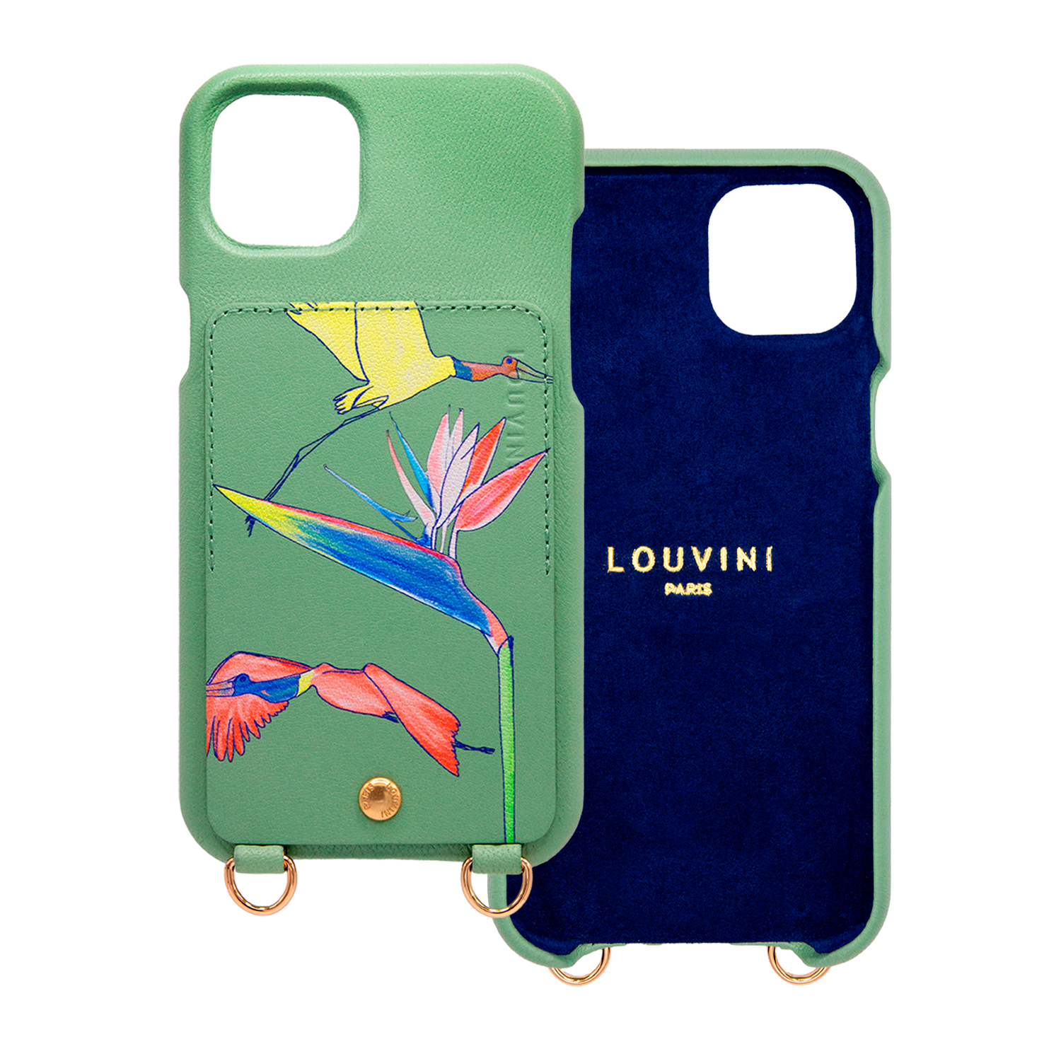 Coque iPhone cuir porte-carte avec anneaux LOU x FILIPE JARDIM - Vert clair