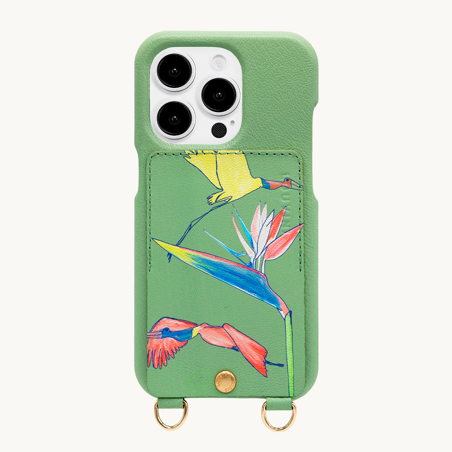 Coque iPhone cuir porte-carte avec anneaux LOU x FILIPE JARDIM - Vert clair