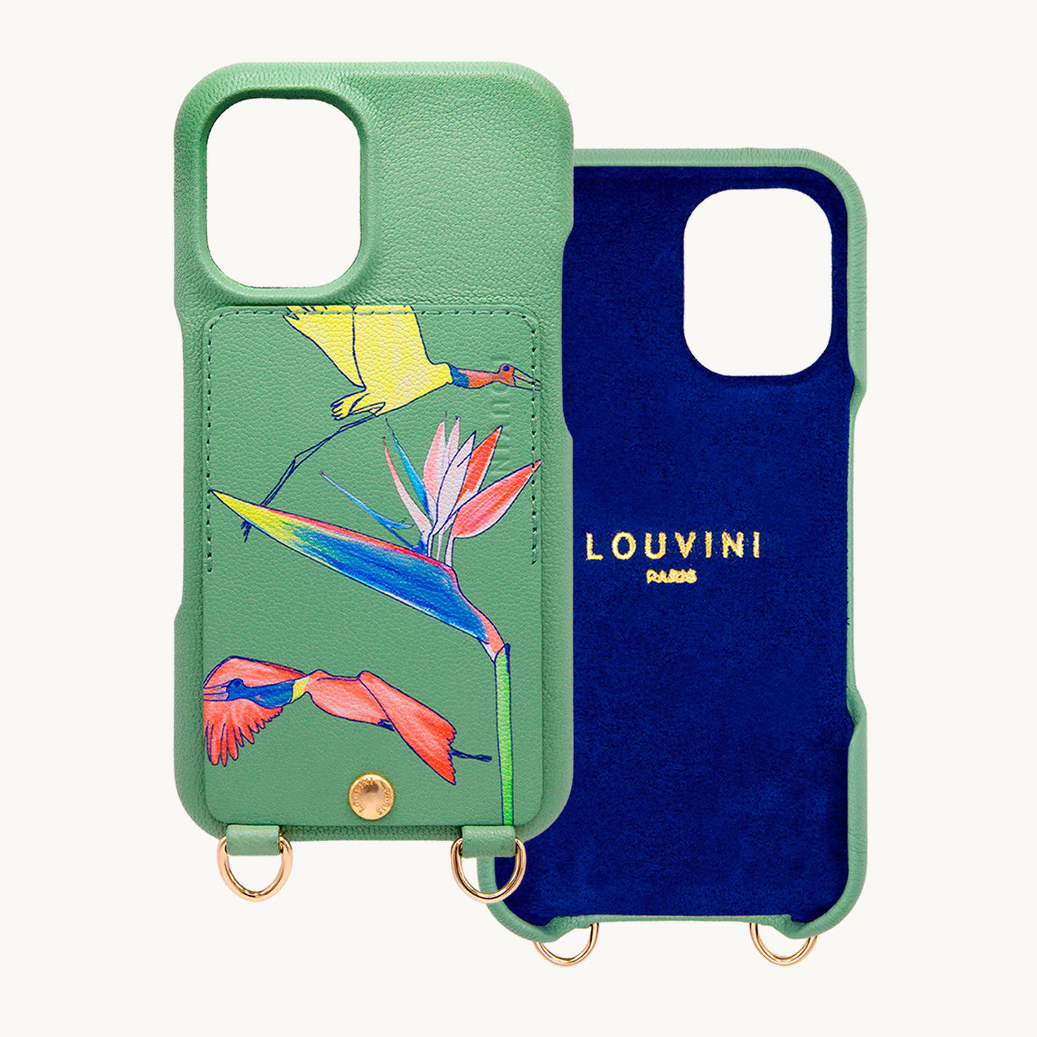 Coque iPhone cuir porte-carte avec anneaux LOU x FILIPE JARDIM - Vert clair