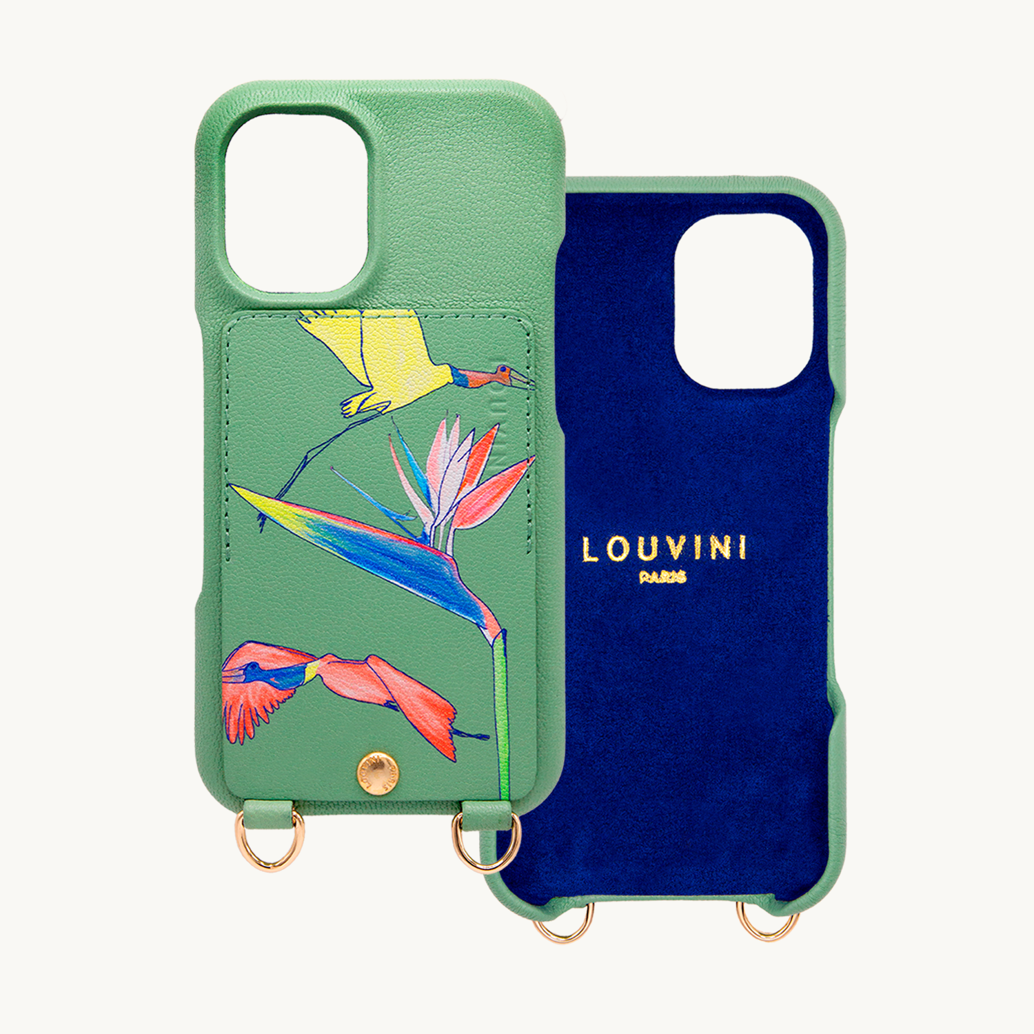 Coque iPhone cuir porte-carte avec anneaux LOU x FILIPE JARDIM - Vert clair