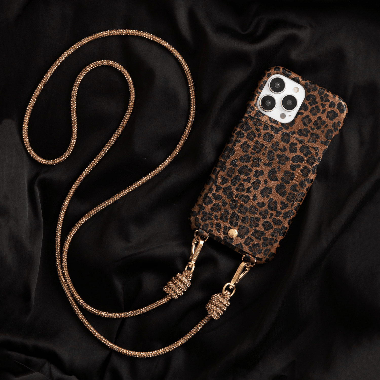 COQUE IPHONE CUIR PORTE CARTE AVEC ANNEAUX LOU  LEOPARD avec bandouliere kim bronze dore