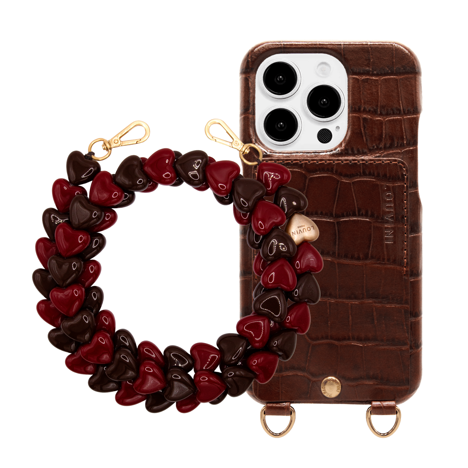 Coque iPhone LOU Crocodile Marron & chaîne CUORE Bordeaux-Marron