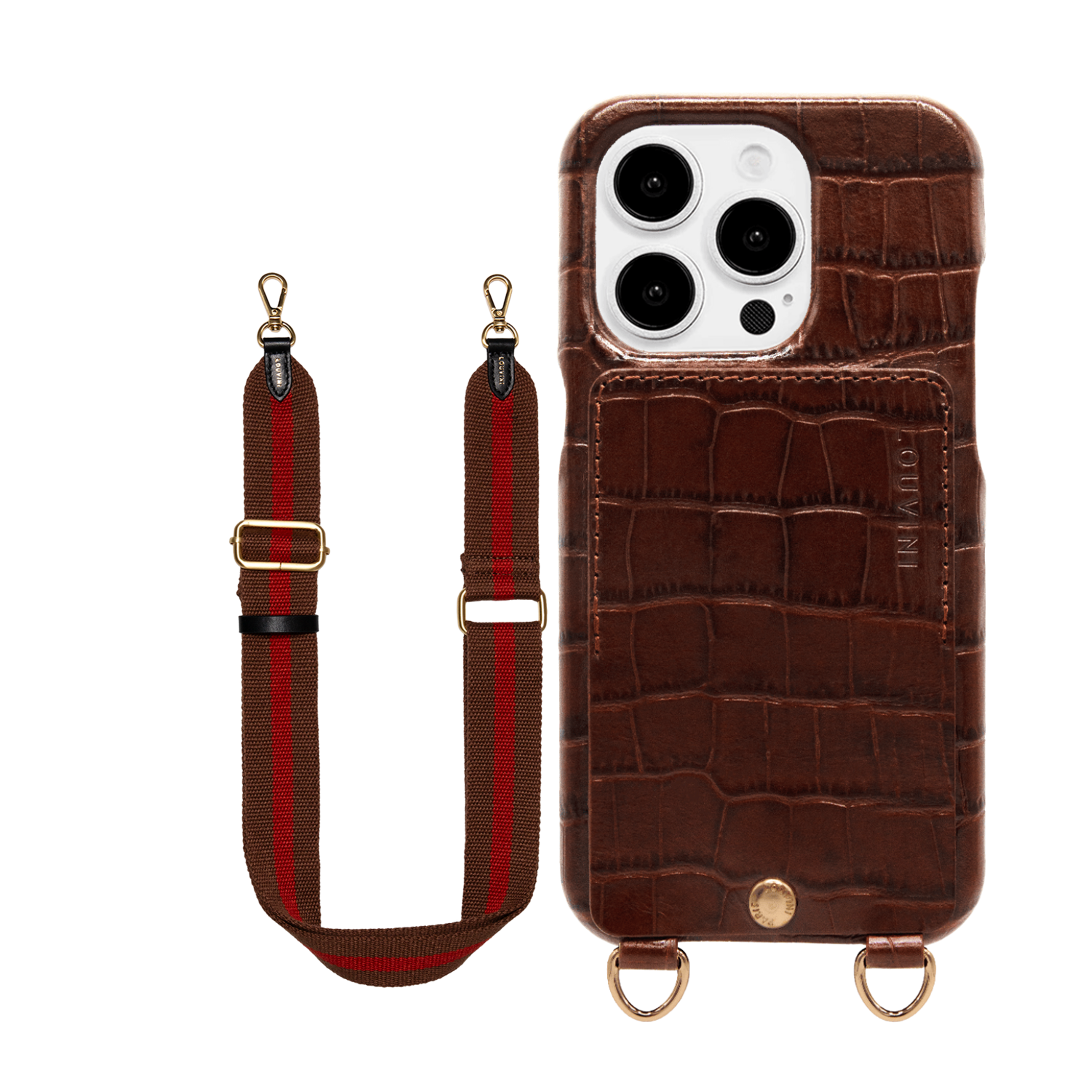 Coque iPhone LOU Crocodile Marron & bandoulière OLYMPE Bordeaux-Marron
