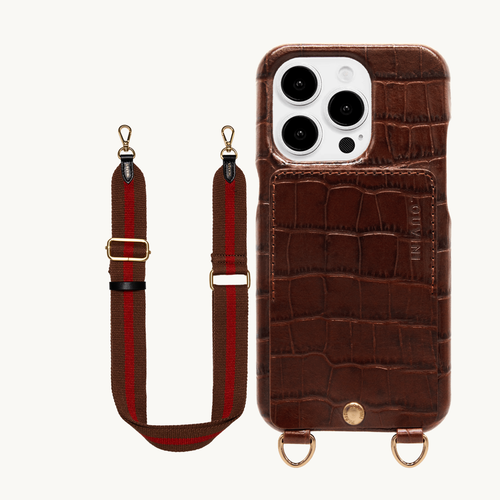 Coque iPhone LOU Crocodile Marron & bandoulière OLYMPE Bordeaux-Marron