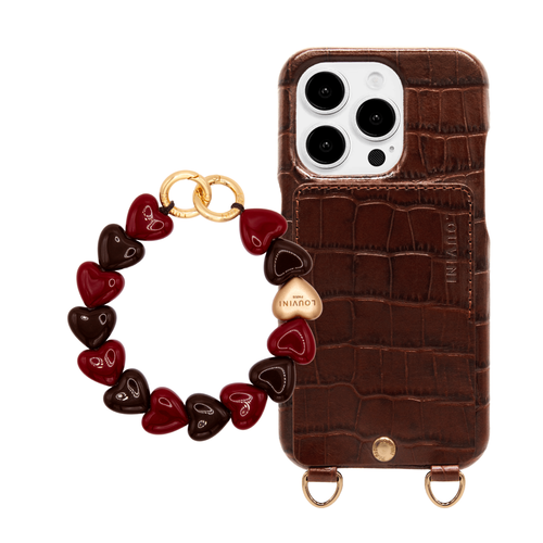 Coque iPhone LOU Crocodile Marron & bracelet PETIT CUORE Bordeaux-Marron