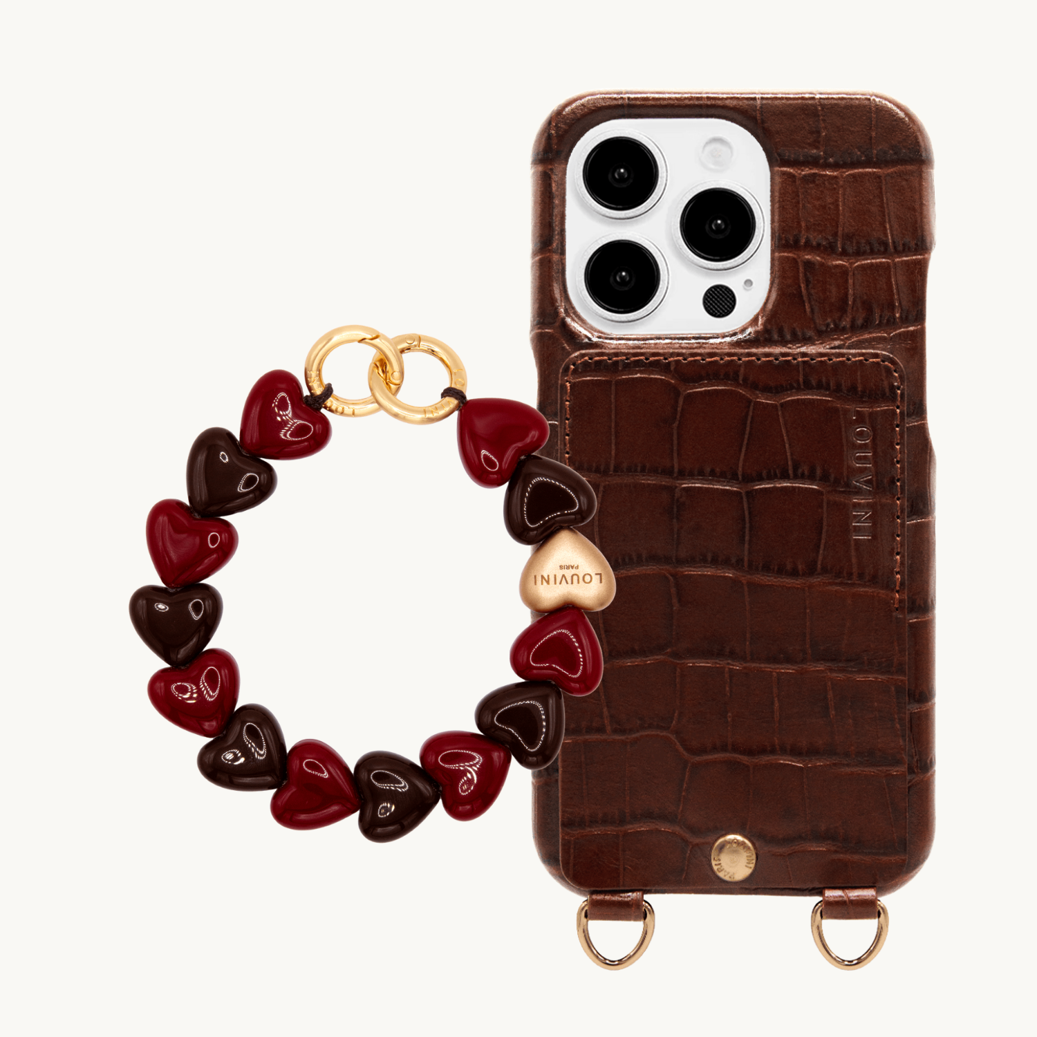 Coque iPhone LOU Crocodile Marron & bracelet PETIT CUORE Bordeaux-Marron