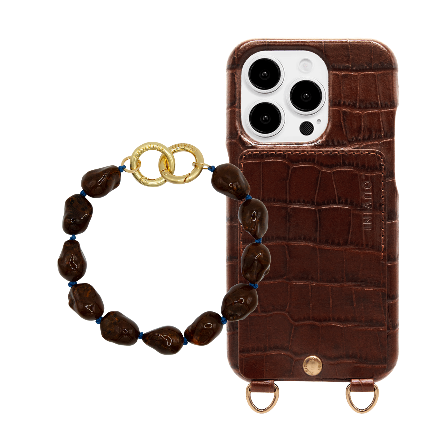 ensemble coque de téléphone iphone en cuir à l'aspect crocodile marron chocolat et bracelet de perles assorti