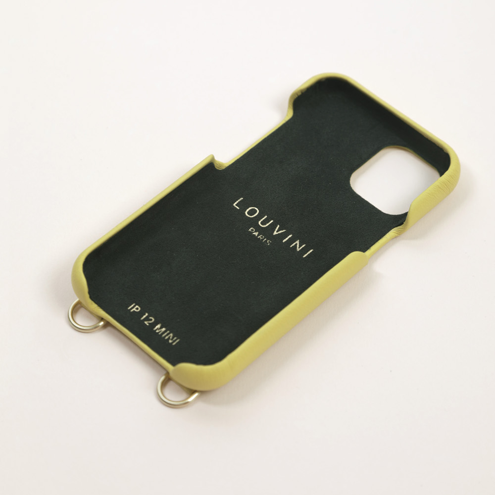 Coque pour iphone en cuir jaune avec anneaux et cordon assorti