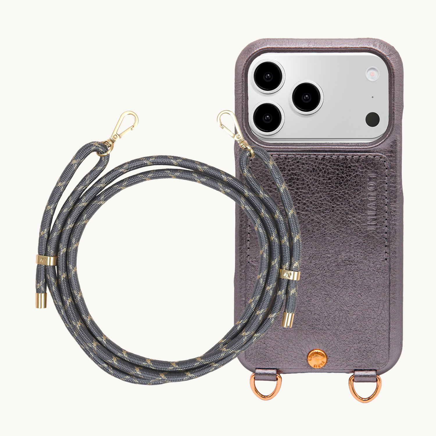 Coque iPhone LOU Anthracite & cordon TESSA Gris-Doré