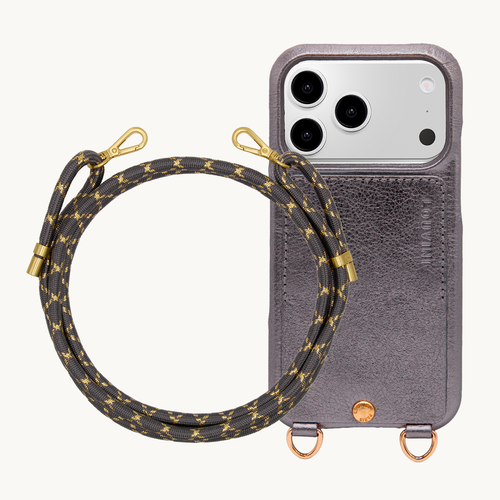 Coque iPhone LOU Anthracite Métallisé & Cordon TESSA Gris-Doré