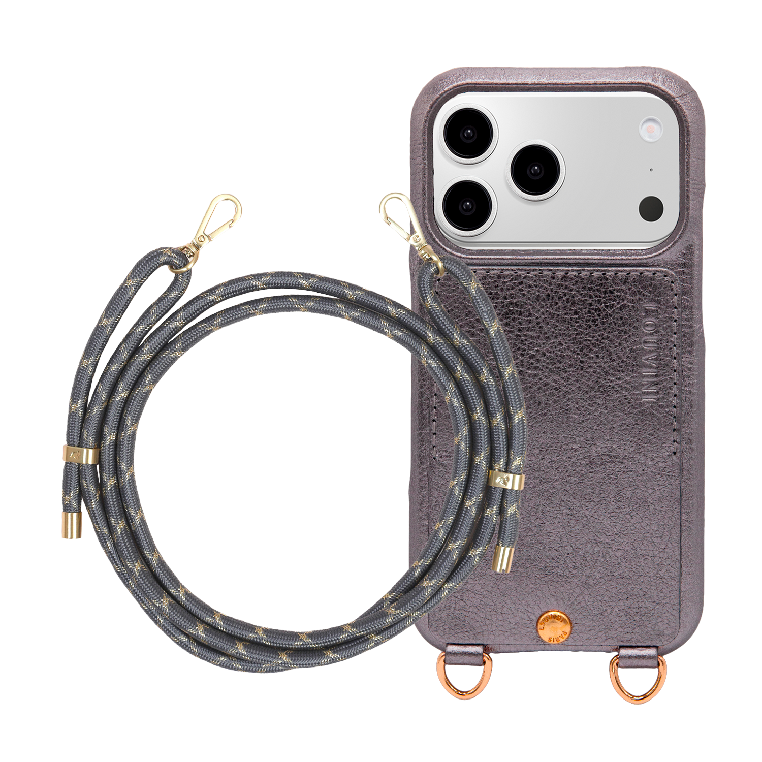 Coque iPhone LOU Anthracite & cordon TESSA Gris-Doré