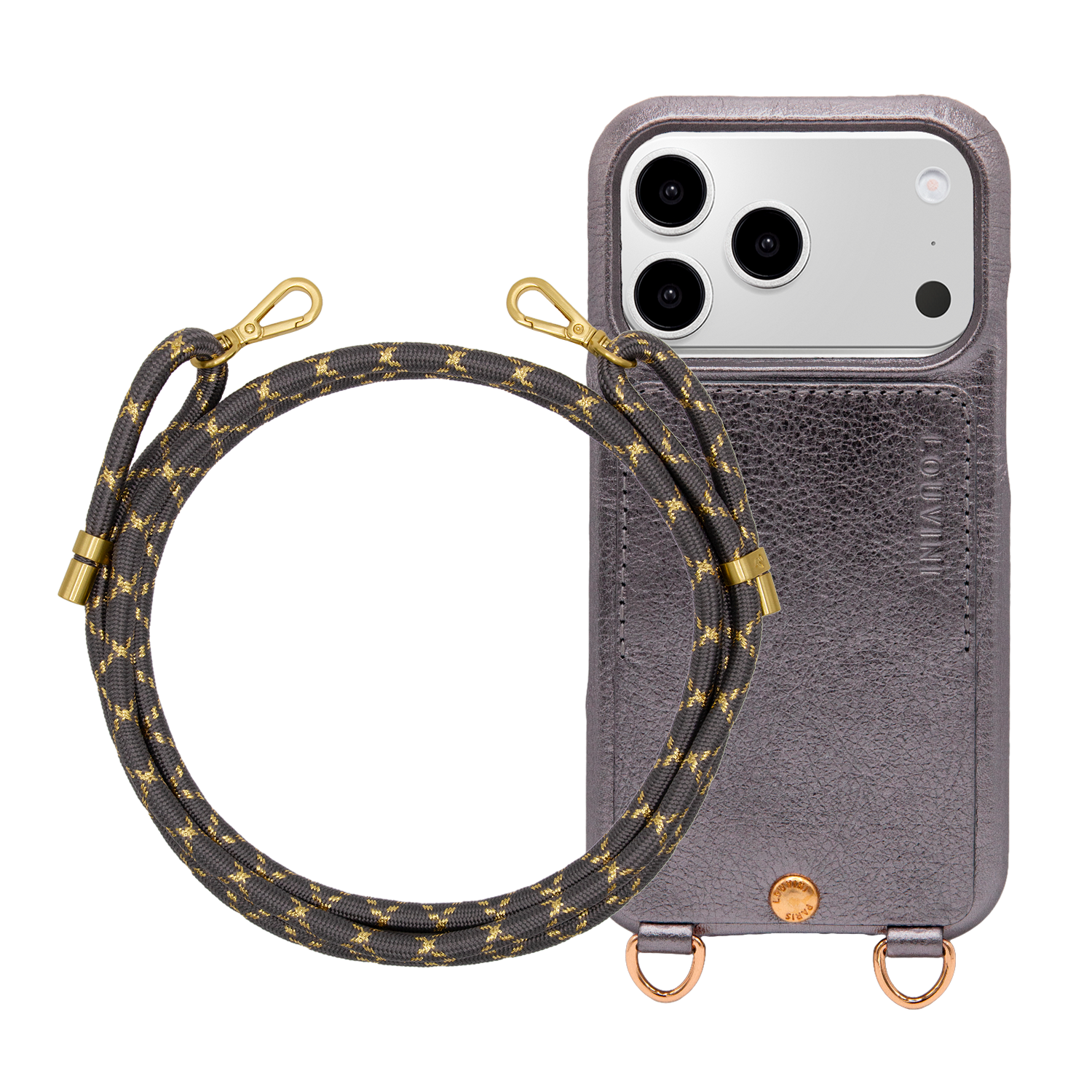 Coque iPhone LOU Anthracite Métallisé & Cordon TESSA Gris-Doré