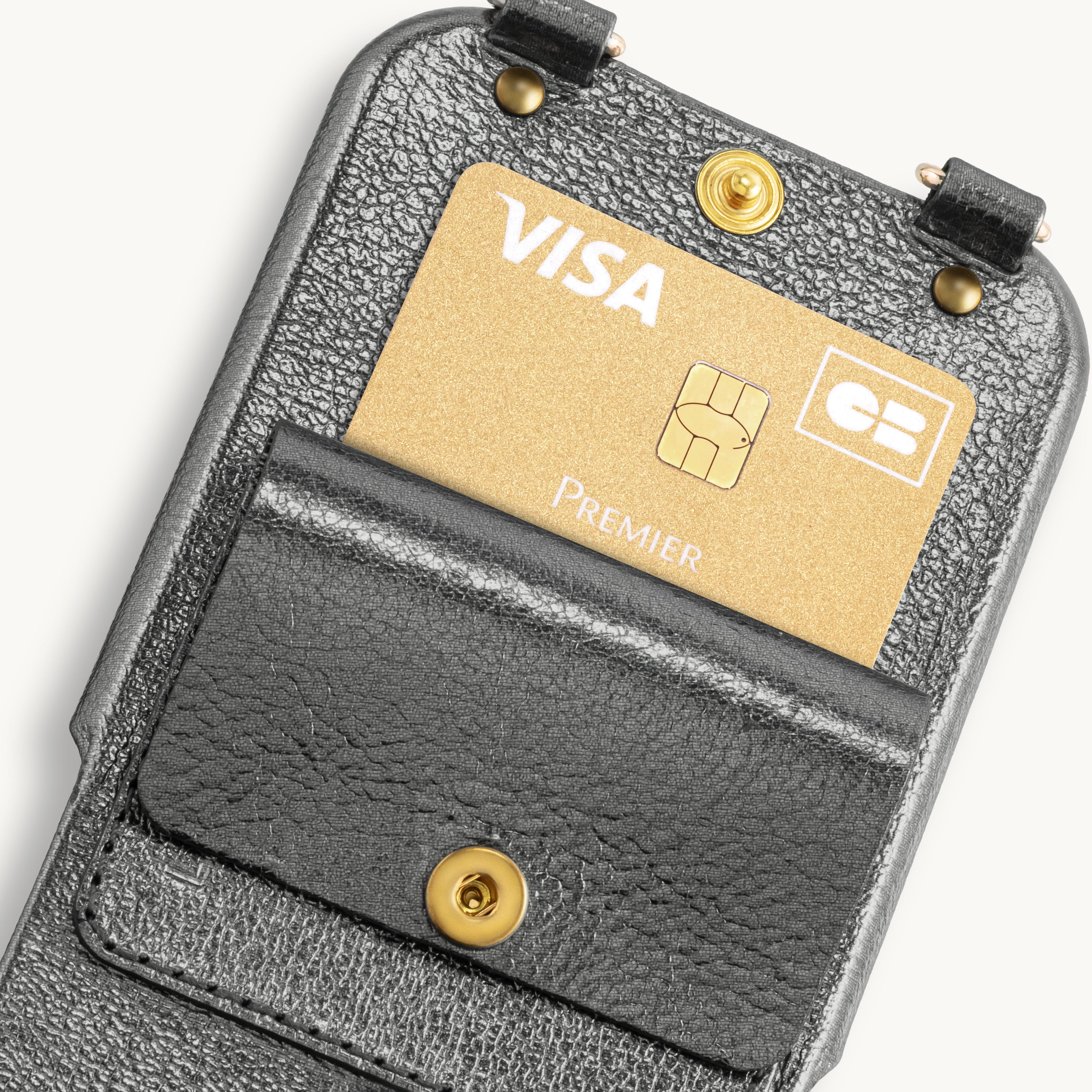 Coque iPhone cuir porte carte avec anneaux LOU - Anthracite Métallisé