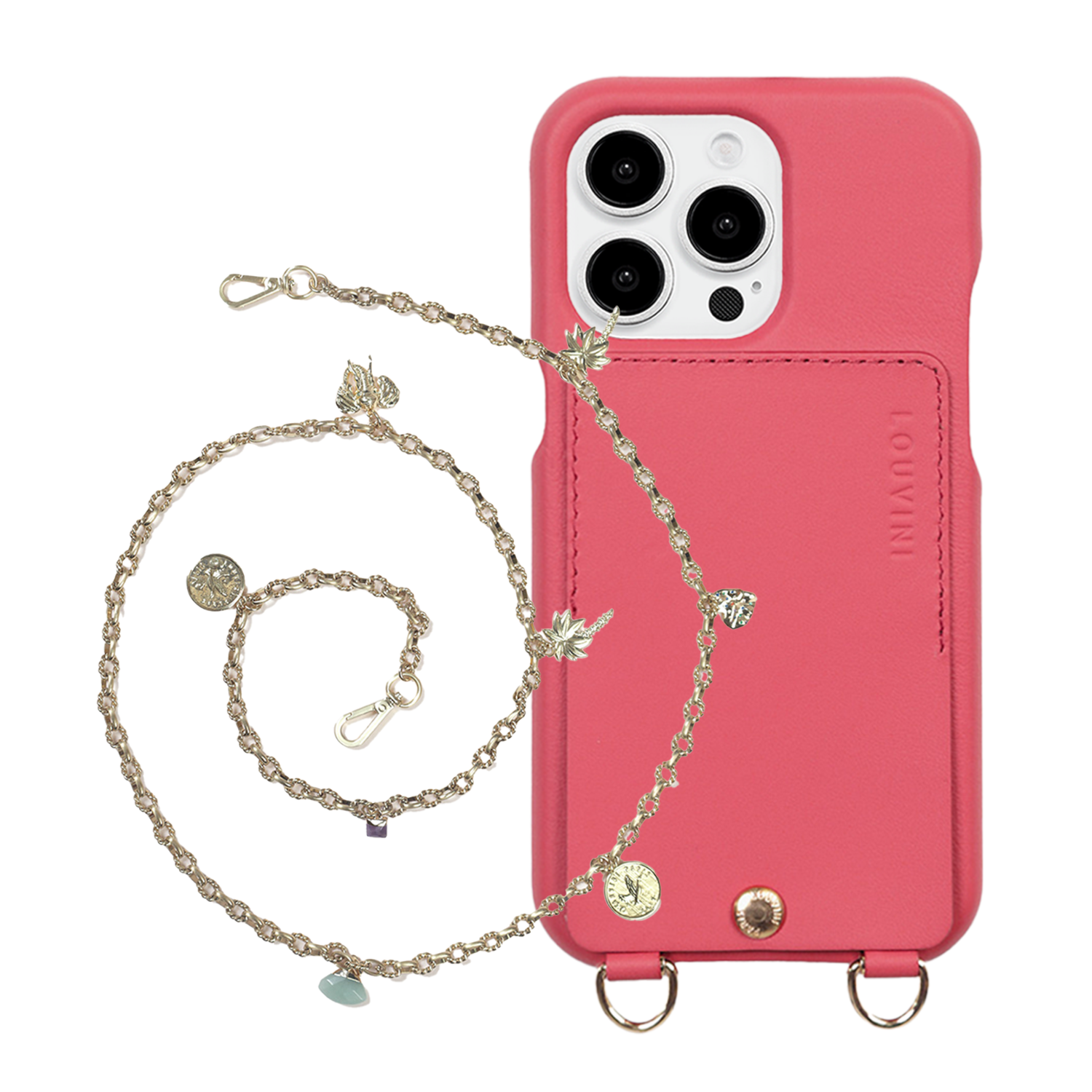 ensemble coque de téléphone avec étui en cuir rose et chaîne lucky 