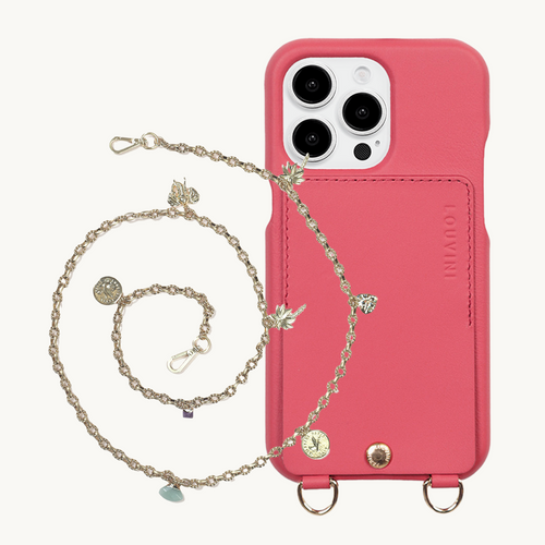 ensemble coque de téléphone avec étui en cuir rose et chaîne lucky 