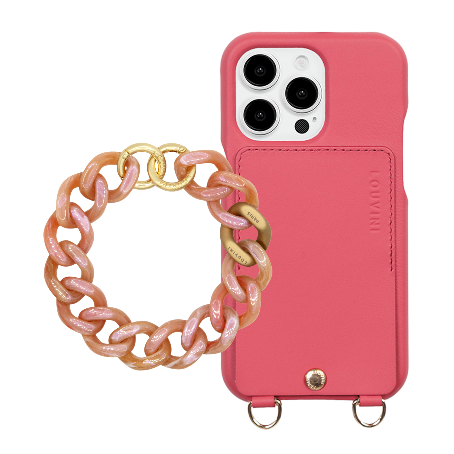 ensemble coque de téléphone avec étui en cuir rose et bracelet bubble gum 