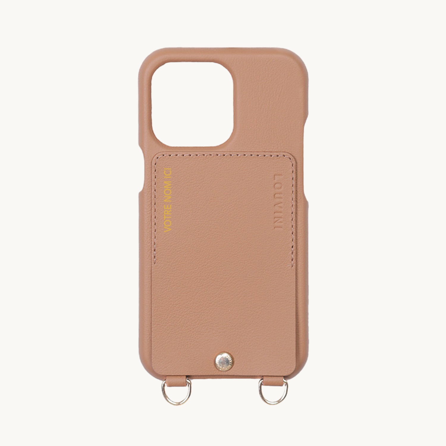 COQUE IPHONE CUIR PORTE CARTE AVEC ANNEAUX LOU - CAMEL (PERSONNALISABLE)