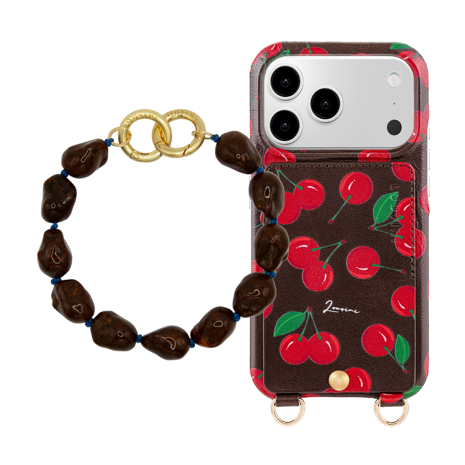 Coque iPhone LOU Cerises & Bracelet PETIT ROMY Marron Foncé