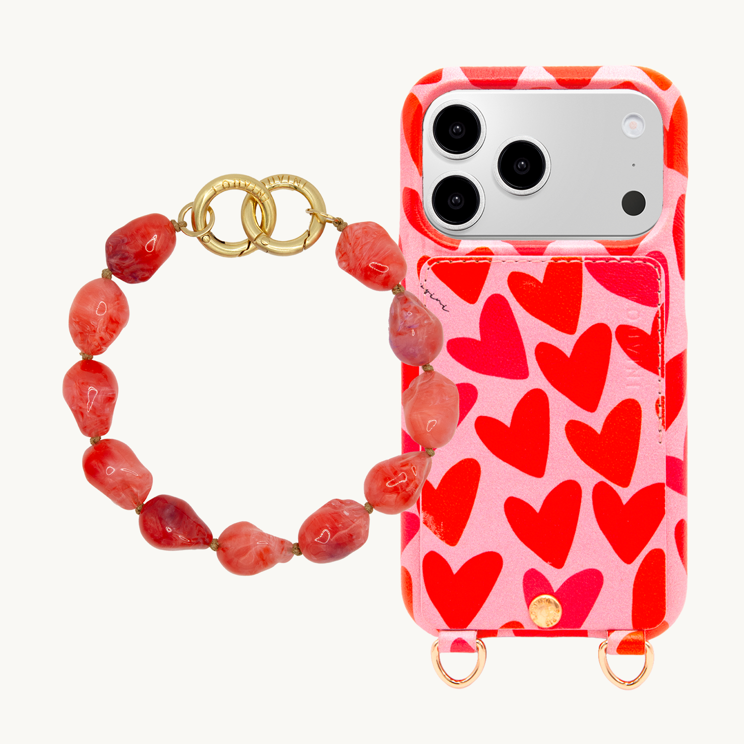 Coque iPhone LOU Coeurs & bracelet PETIT ROMY Corail