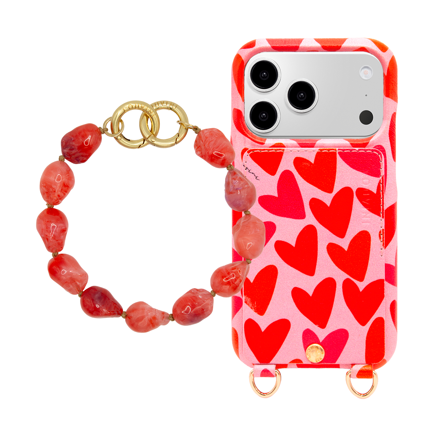 Coque iPhone LOU Coeurs & bracelet PETIT ROMY Corail