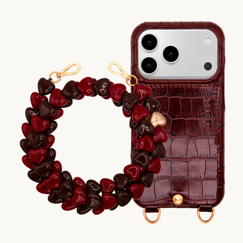Coque iPhone LOU Crocodile Marron & Chaîne CUORE Bordeaux-Marron
