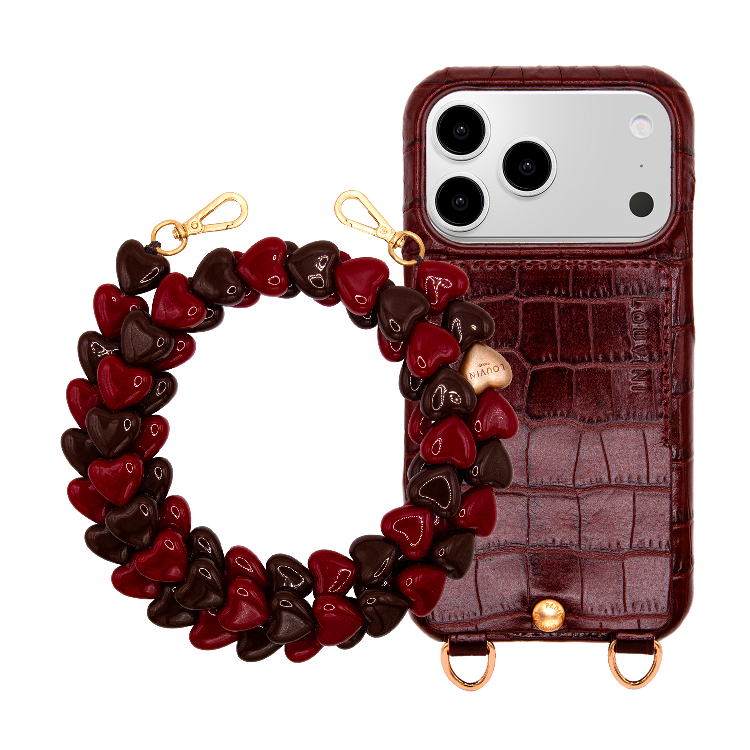 Coque iPhone LOU Crocodile Marron & Chaîne CUORE Bordeaux-Marron