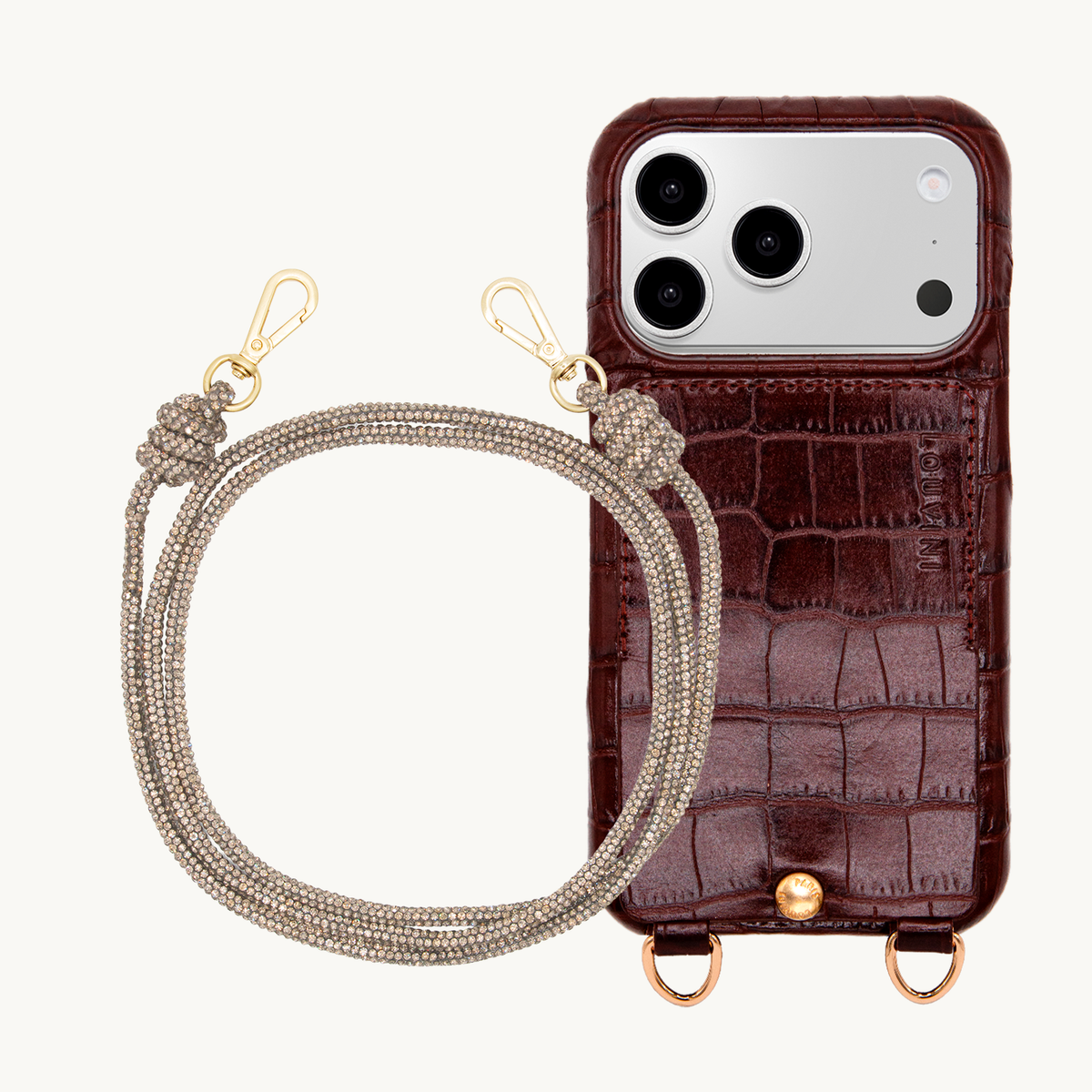 Coque iPhone LOU Crocodile Marron & Cordon KIM Doré