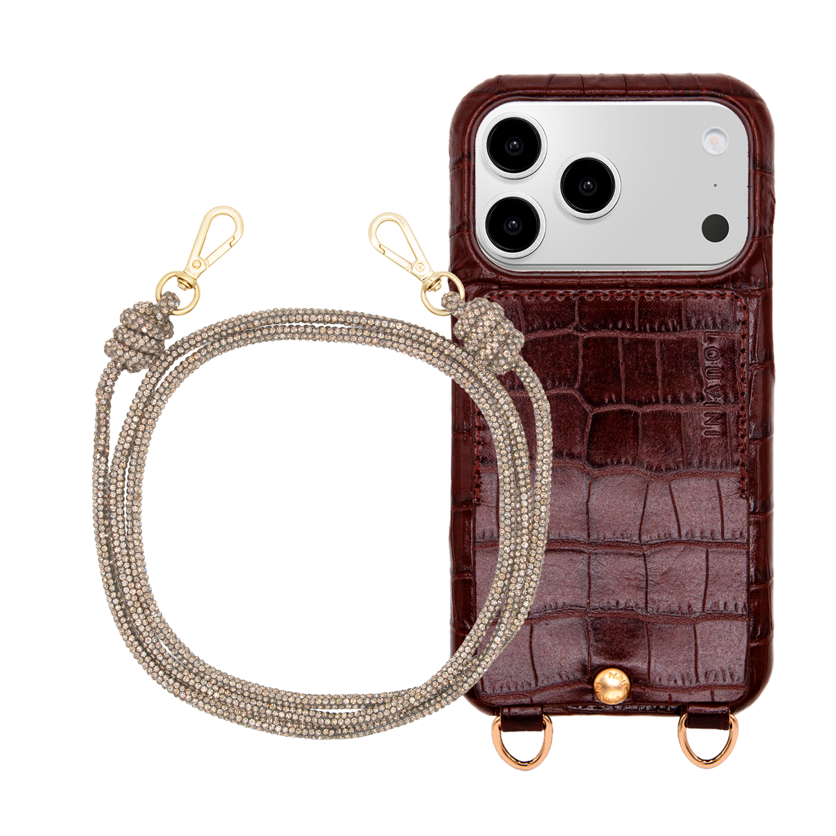 Coque iPhone LOU Crocodile Marron & Cordon KIM Doré